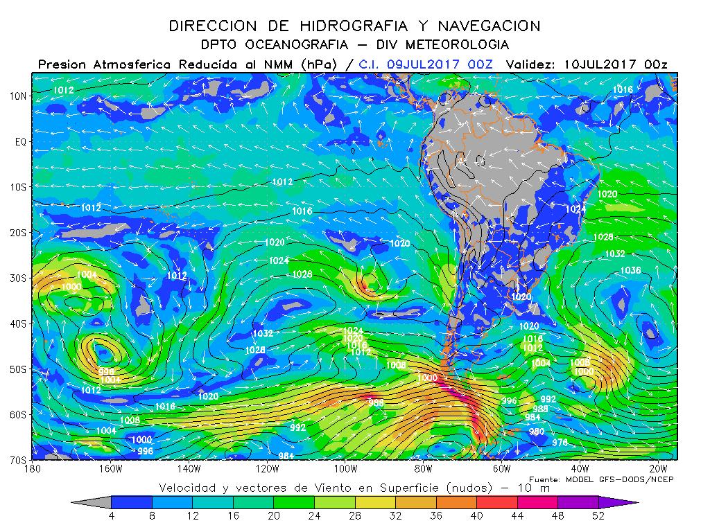 El Anticiclón del Pacífico Sur Oeste (APSO) se ubicaría alejado a la costa sudamericana, con un núcleo de 1032 hpa.