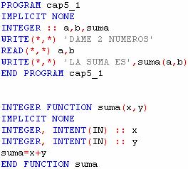 Resuelto 1 1.- Sumar dos números enteros usando una función para calcular la suma. La llamada a la función suma se realiza en una sentencia WRITE en el programa principal.
