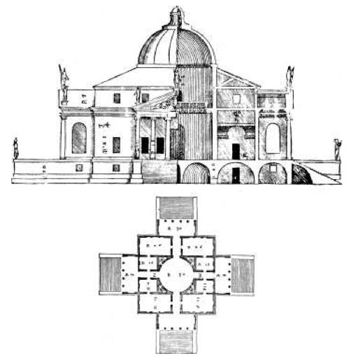 En sus diseños para villas, Palladio ideó un tema con una forma simétrica prevista corps-de-logis central, a menudo adornado con un pórtico