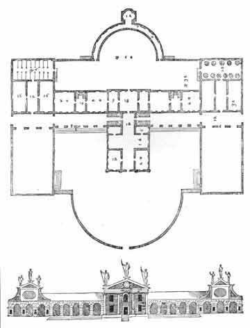 1560), con una pieza central de dos pisos con fachada de templo y las alas simétricas a ambos lados consta de arcos de cinco bahía de terminación