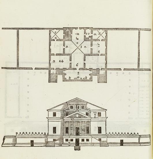 idénticos (templo frentes) en cada una de las cuatro elevaciones y una circular central de dos sala de pisos coronado por una cúpula.