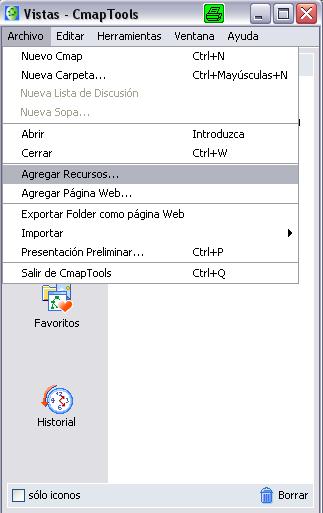 Agregar Recursos con IHMC CmapTools En la ventana Vistas - CmapTools: Para importar un recurso, presione un clic en Archivo y seleccione Agregar Recursos