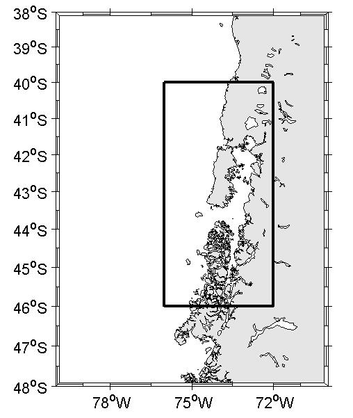 6. Sitios de interés 6.1. Isla de Chiloé El dominio utilizado para simular la zona de la Isla de Chiloé comprende entre 72ºW 75ºW de longitud y 41.3ºS 43.6ºS de latitud.
