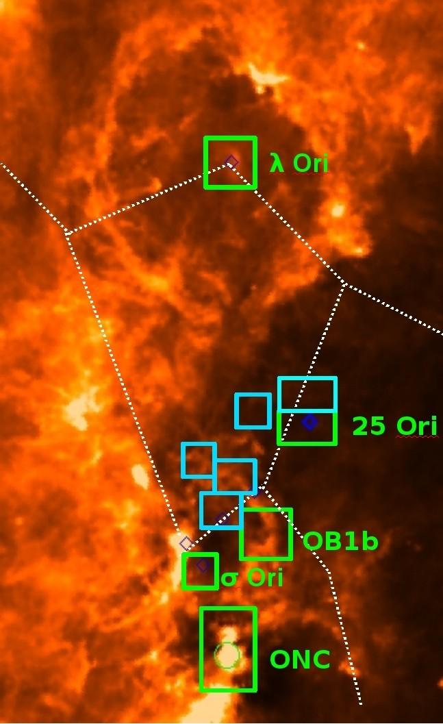 OB1a (~10Mys, Briceño et al. 007) 5Ori Norte (~ 1.08 deg ²) Campo A (~ 0.57 deg ²) OB1b (~5Mys, Briceño et al.
