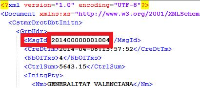 Si está adjuntado un fichero XML esté identificador se corresponde con el campo MsgId que se encuentra en la cabecera inicial del documento XML (ver Figura 7 - Identificador del mensaje en el fichero