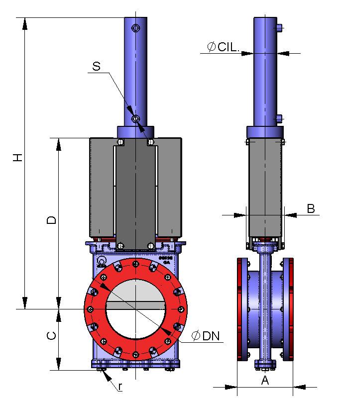ACCIONAMIENTO HIDRAULICO (Presión de aceite: 135 Kg/cm 2 ) B=anchura máx. de la válvula (sin accionamiento). D = altura máx. de la válvula (sin accionamiento). El accionamiento hidráulico, está compuesto por: Cilindro hidráulico.