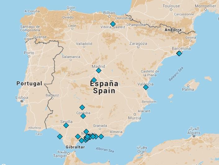 localidades como Álava, Barcelona, Cádiz, Granada, Madrid, Málaga, Sevilla, Toledo y Valencia.