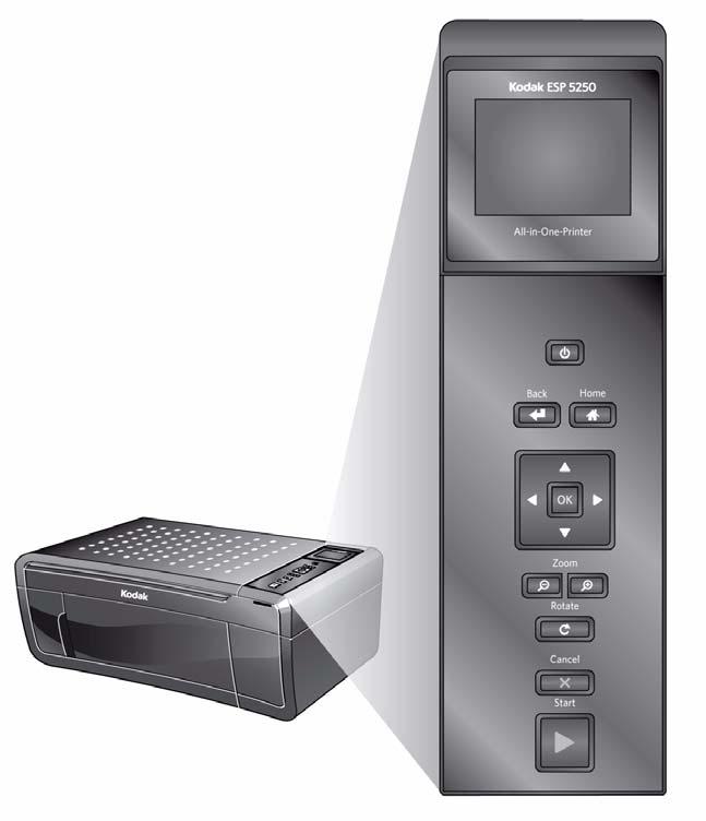 Impresora multifunción KODAK serie ESP 5200 Panel de control 1 2 10 9 3 4 5 8 7 6 Característica Descripción 1 LCD Muestra imágenes, mensajes y menús; se levanta para ofrecer una mejor visualización