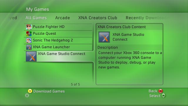 Ejecuta la aplicación XNA Game Studio Connect Selecciona
