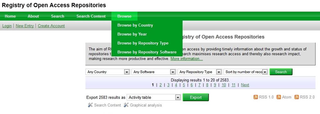 2. Bases de datos y directorios de repositorios Registry of Open Access Repositories (ROAR) http://roar.eprints.org Creado en 2004. Más de dos mil archivos abiertos registrados.