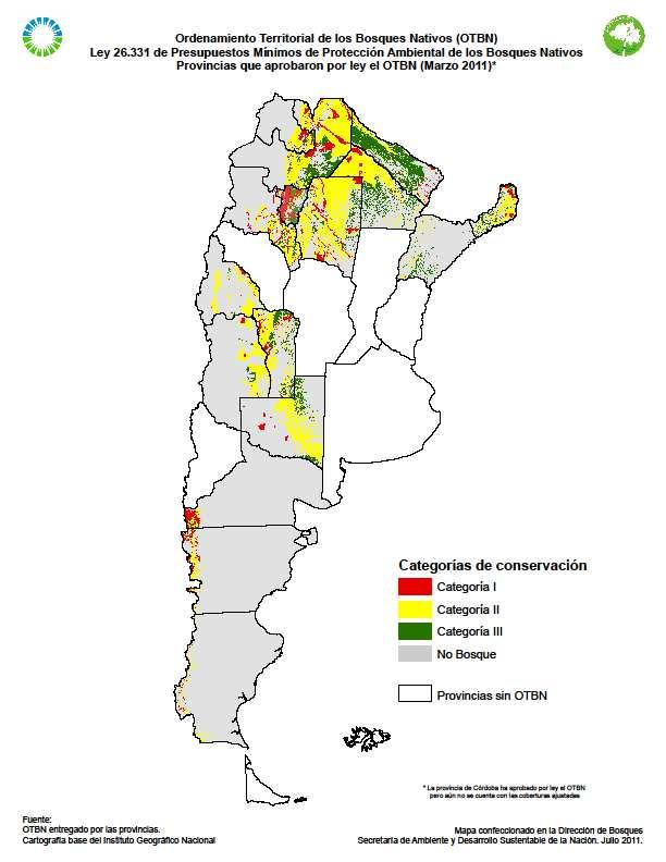 b) Zonificación integrada de Bosques Nativos en la Región Chaqueña Argentina Figura 2: Mapa Integrado OTBN a marzo de 2011 En noviembre de 2007 el Congreso Nacional sancionó la Ley 26.