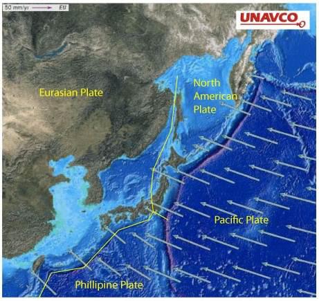 Este mapa muestra la velocidad y dirección del movimiento de la Placa del Pacífico con respecto a la Placa Euroasiática cercana a la Fosa de Japón.
