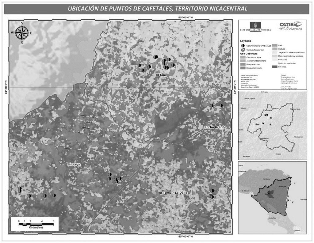 Figura 1. Localización de los cafetales estudiados en la zona centro norte de Nicaragua.