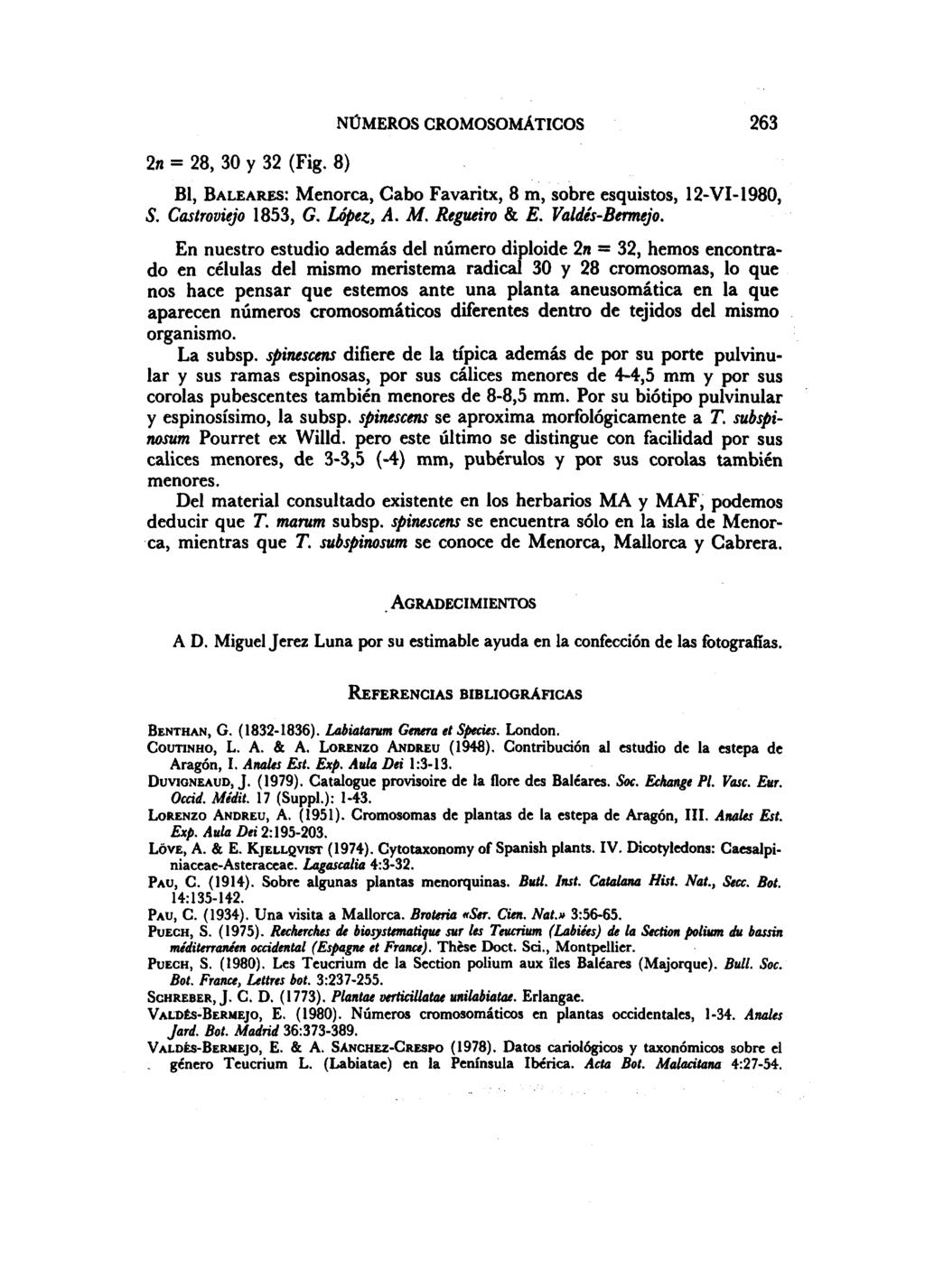 2n = 28, 30 y 32 (Fig. 8) NÚMEROS CROMOSOMÁTICOS 263 Bl, BALEARES: Menorca, Cabo Favaritx, 8 m, sobre esquistos, 12-VI-1980, S. Castroviejo 1853, G. López, A. M. Regueiro & E. Valdés-Bemejo.