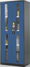 Armario para productos químicos CS-Classic-A con puertas batientes con ventana de cristal, ancho 810 mm, puertas de color azul