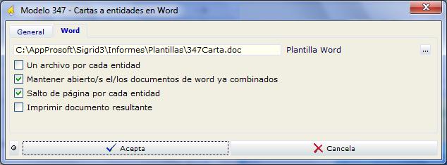 Word Plantilla de Word: Ruta a la plantilla con la que se combinarán los datos. Pinchando el botón se abrirá el explorador de Windows para facilitar la tarea.