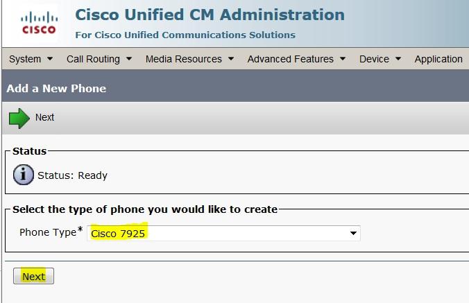 Elija Cisco 7925 bajo el tipo de teléfono y haga clic el