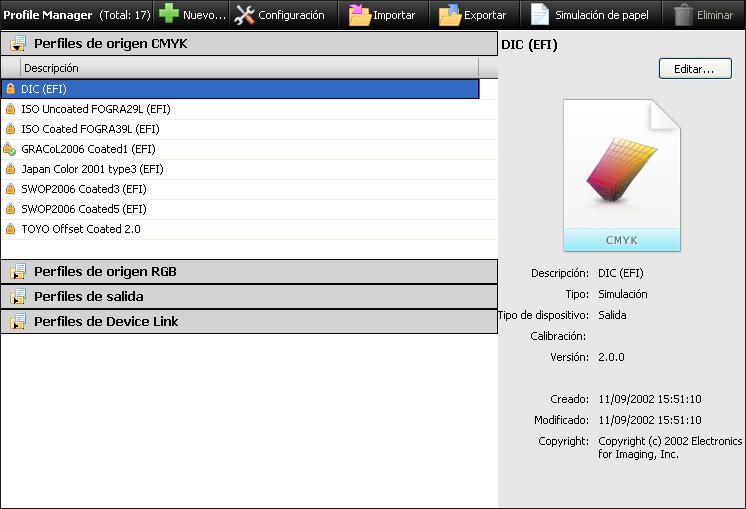 PERFILES DE COLOR 40 Color Bars, carpeta (dentro de la carpeta Windows Color Files o Mac Color Files) Otros archivos de color Puede copiar más archivos de color desde el DVD de software del usuario.
