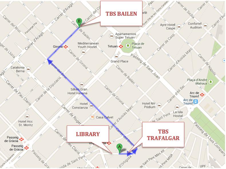 Mapa para ir desde TBS Barcelona Trafalgar a TBS Barcelona Bailen El trayecto entre un centro y otro es muy corto, se puede hacer caminando (13 minutos) o en metro a dos paradas.