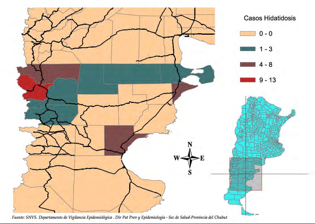 Distribución de casos de Hidatidosis según Departamento. Provincia del Chubut. Año 21-211.
