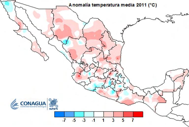 A nivel local, regiones con temperatura más frescas de lo normal se ubicaron en Baja California, los límites entre Chihuahua y Durango y las regiones centrales desde Michoacán, Estado de México,