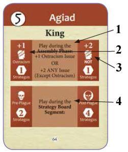 5: Alineamiento de la Cuestión (+3 a Alineamiento Militar si Alcibíades está en Atenas); se reciben 3 Fichas de Strategos. Símbolo de Meeple para Alcibíades.