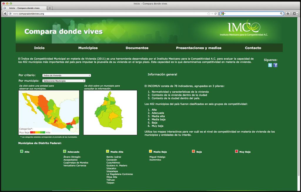 Informe anual de actividades 2011 Liberación del sitio www.comparadondevives.org en donde son publicados los resultados del Incomuv por municipio.