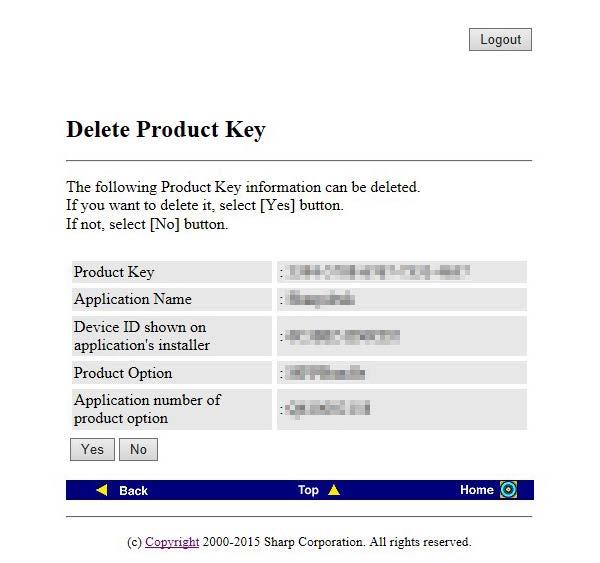 2 Se exhibirá la pantalla de confirmación de borrado de clave de producto. Verifique los detalles, y si están todos bien, haga clic en el botón [Sí].
