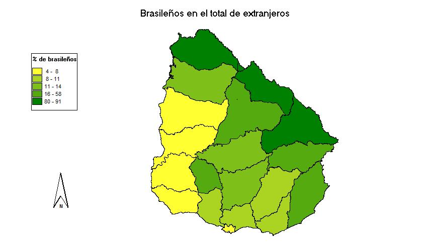 El mapa que se presenta ilustra la proporción de brasileños en el total de extranjeros por departamento.