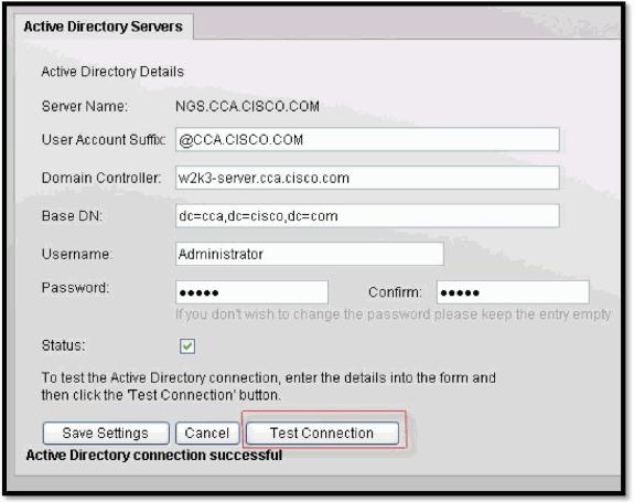 La opción de conexión de prueba se ha introducido en NG 2.0 para la facilidad del troubleshooting. Le dice si usted ha configurado DC correctamente.