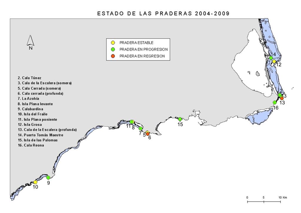 Figura 41. Diagnóstico del estado actual (de las praderas de Posidonia oceanica en las estaciones de la red de seguimiento de la Región de Murcia Las elevadas densidades de erizo (8-9 indiv.