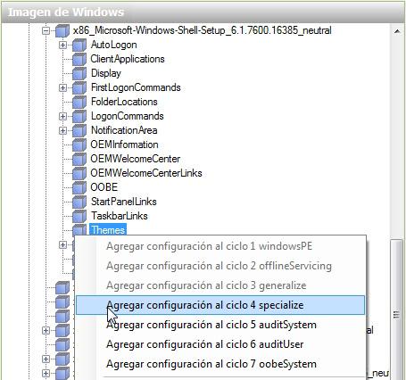 Seleccione Microsoft-Windows-Shell-Setup en el área Archivo de respuesta debajo del componente 4 specialize.