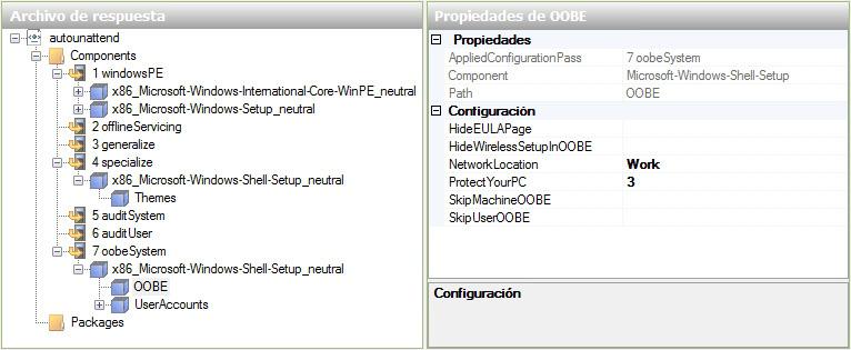 Seleccione Microsoft-Windows-Shell-Setup en el área Archivo de respuesta debajo del componente 7 oobe System.