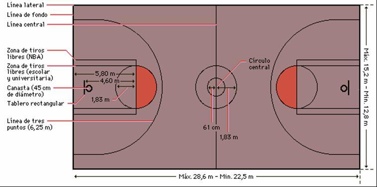 La figura muestra las dimensiones de las canchas de baloncesto universitarias y de los profesionales de Estados Unidos.