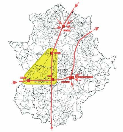 - Un primer nivel que incluye las cuatro ciudades de mayor tamaño de la región (Badajoz, Cáceres, Mérida y Plasencia) y el conjunto urbano Don Benito-Villanueva (Foto nº37).