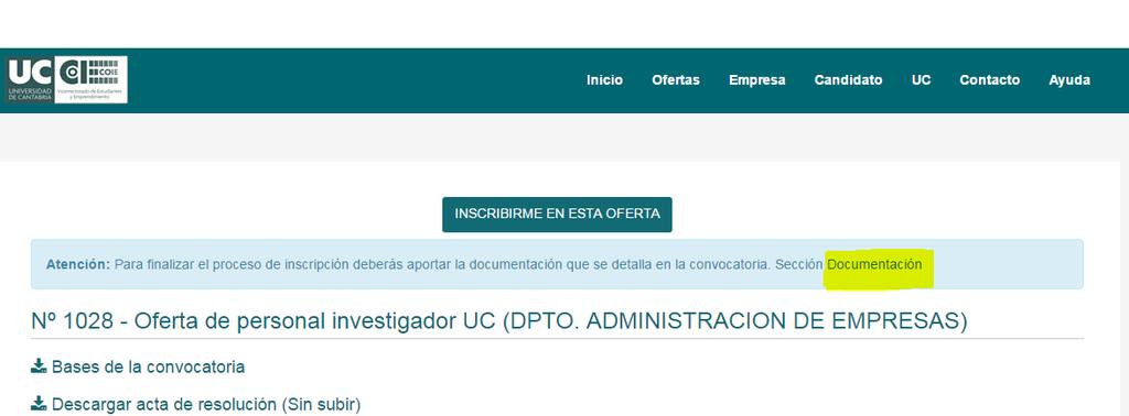 Si la convocatoria es una oferta de empleo para personal de Administración de Servicios en la Universidad de Cantabria, además de pinchar
