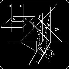 Hallamos el punto B de intersección de la recta R con el plano (P) auxiliándonos de un plano proyectante.