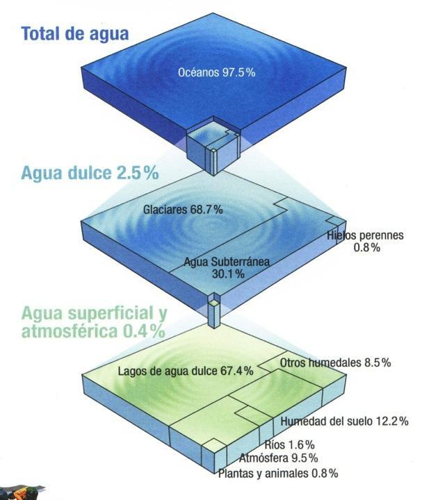 El Agua en el Mundo: 1,386 000,000 Km3 Cubre ¾ de la superficie del planeta.