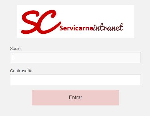 Se nos abrirá la nueva pantalla de Servicarne intranet, en la cual pondremos nuestro código de socio y contraseña (recibidos por correo electrónico) y