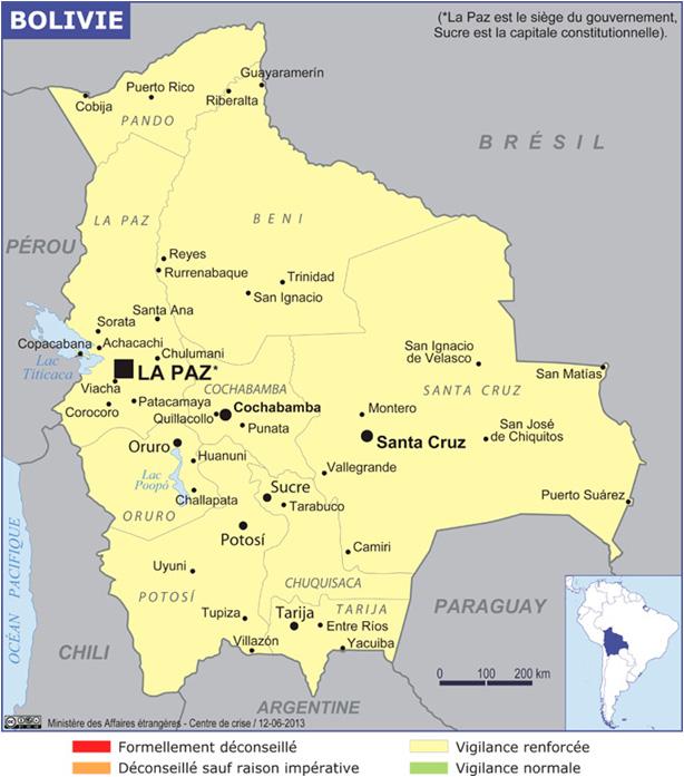 5. Condiciones de seguridad Bolivia General: MANTENER LAS LÓGICAS MEDIDAS DE SEGURIDAD PRECAUCIÓN ALTO NIVEL DE ALERTA RECONSIDERE LA NECESIDAD DEL VIAJE NO VIAJAR Para cualquier desplazamiento en el