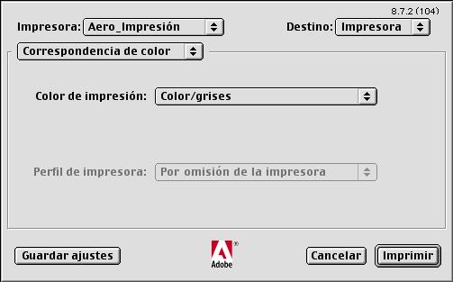 En el cuadro de diálogo Imprimir de AdobePS, seleccione Correspondencia de color en el