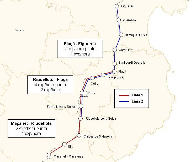 Les noves línies oferiran 4 expedicions en hora punta i sentit entre Girona i Riudellots, i Girona i Figueres, així com 2 sortides a