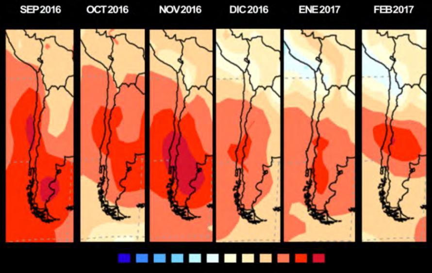 Septiembre 2016: Con mayor intensidad, en la zona costera de las regiones de Coquimbo, Valparaíso, Metropolitana, O Higgins, Maule y Biobío.