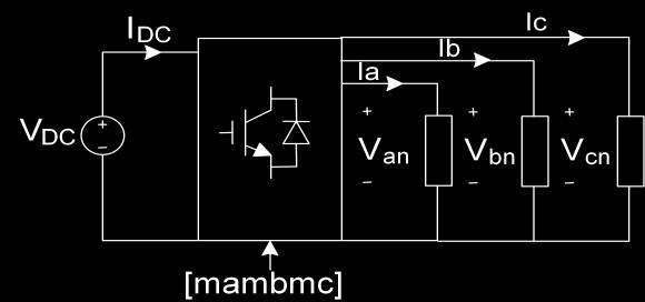 Figura 4 Circuito Simplificado del Convertidor DC-AC Trifásico Donde: Van: Voltaje en la fase a Vbn: Voltaje en la fase b Vcn: Voltaje en la fase c Vdc: Voltaje directo Idc: Corriente directa ma, mb,