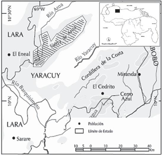 138 Murciélagos de la Sierra de Aroa, Yaracuy, Venezuela Figura 1. Ubicación geográfica de la Sierra de Aroa (estados Yaracuy y Lara; poligonal con trazos y sombreada).