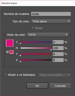 3 A continuación, establece la siguiente configuración: Nombre de la muestra: Corte Tipo de color: Tinta plana Modo de color: CMYK Valores CMYK: 0, 100, 0, 0 Pulsa OK para
