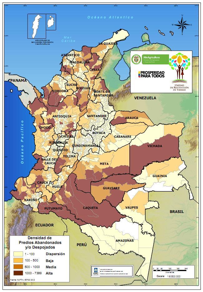 Densidad del Posible Abandono y Despojo de Tierras En 1.080 municipios se registran casos de abandono y posible despojo de tierras. ALTA: 78 municipios más afectados contienen 150.