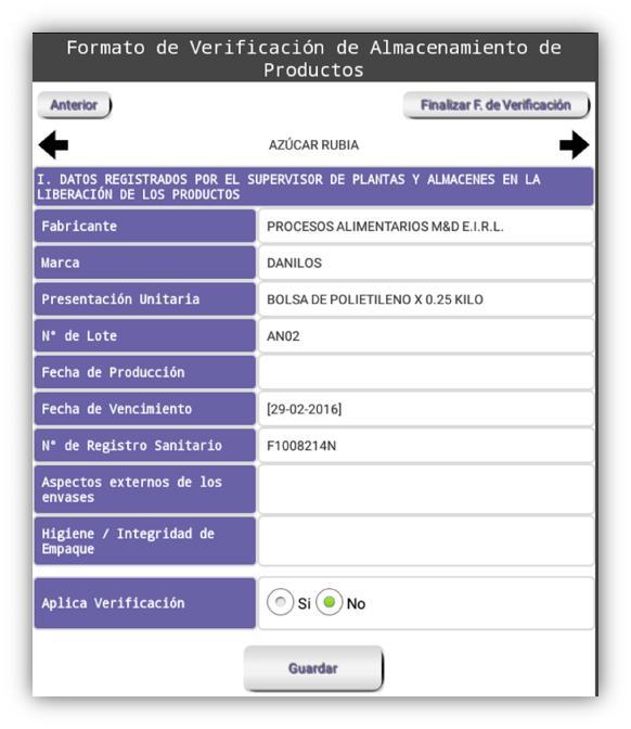 (Figura 33) Producto que no aplica para verificación Detalle de Formato de Verificación de Almacenamiento de Productos Tras ingresar toda la información se debe de presionar el botón Guardar ubicado