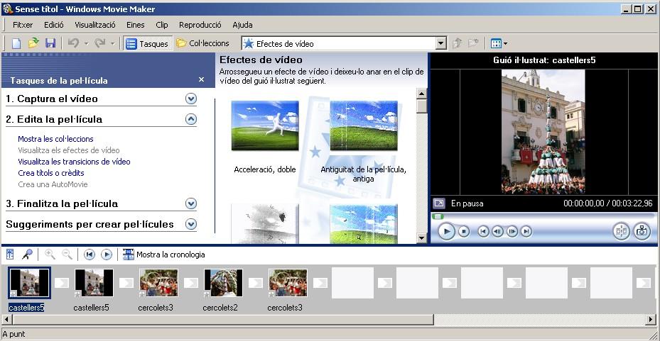 . Mostra efectes: segons l efecte escollit el clip o vídeo canviarà el seu aspecte original per alguna de les opcions escollides.