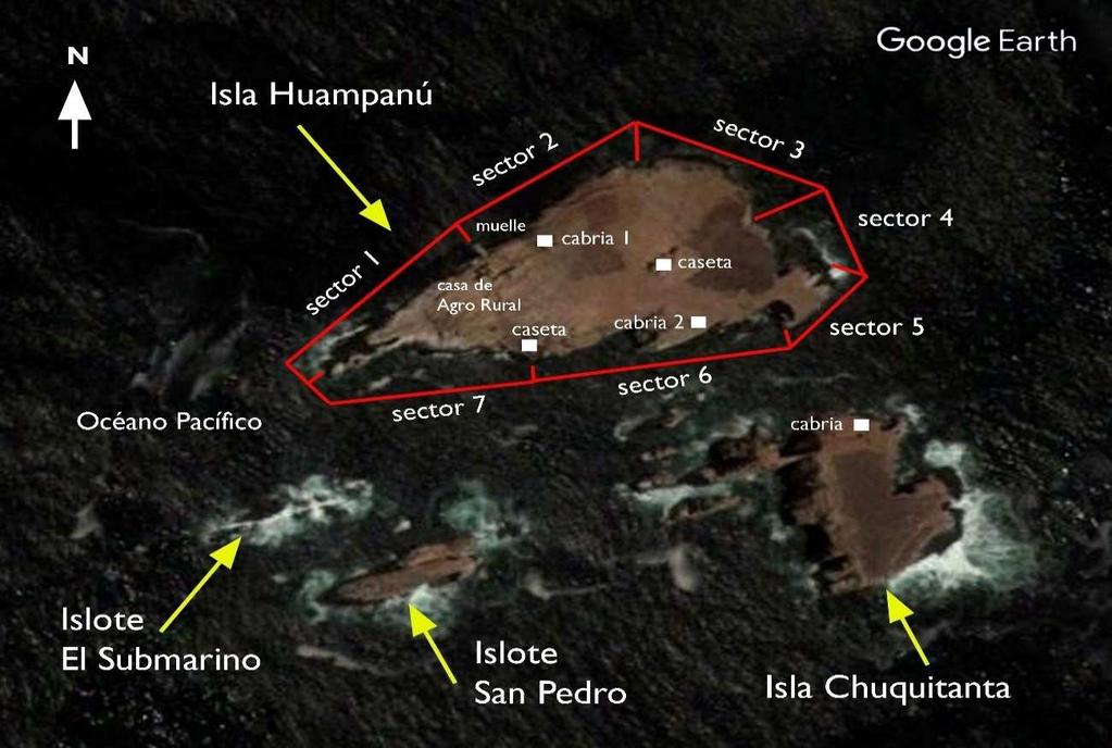 Línea Base Biológica de Punta Salinas e islas Huampanú y Mazorca: aves, mamíferos y reptiles Isla Huampanú Se ubica en 11º19 S y 77º42 O, con una superficie de 0.0225 km 2 (2.